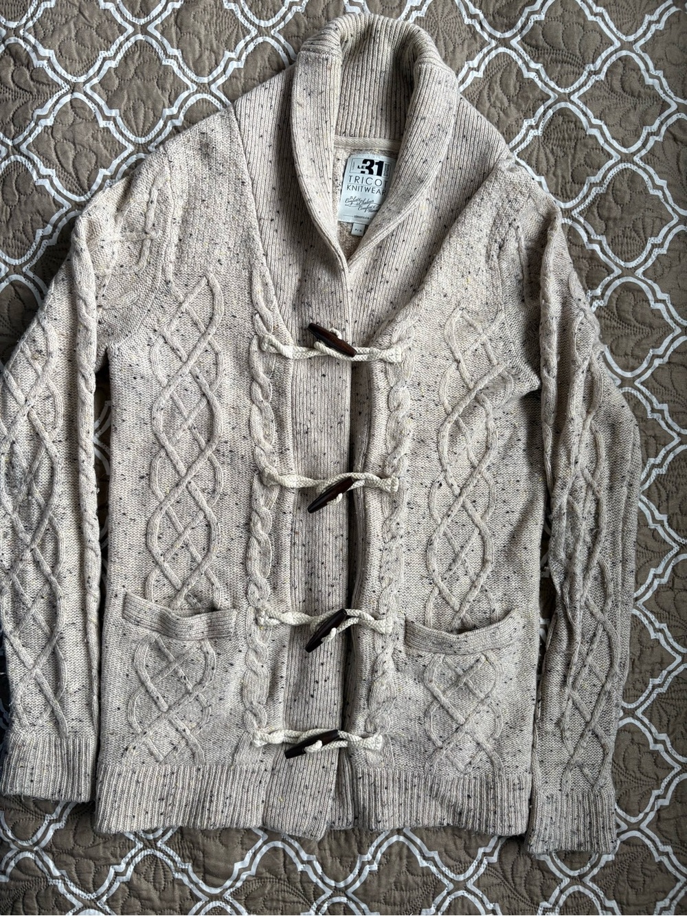 Simons Cream Cable-Knit Shawl Collar Cardigan with Toggles